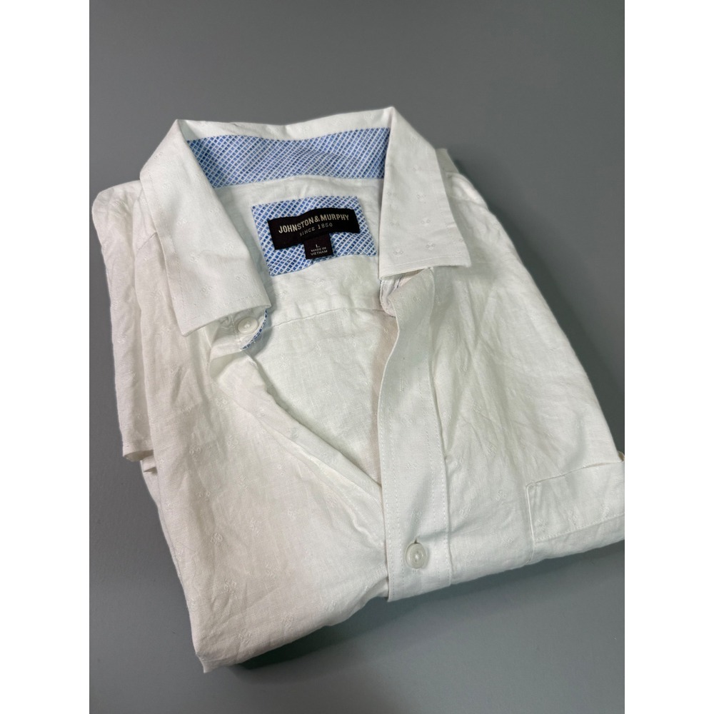 Johnston & Murphy Mens White Linen Cotton Blend Dobby Button Down Shirt Large